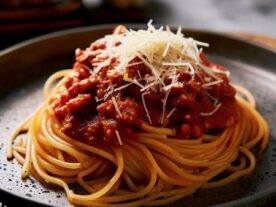 Budai spagetti: Tányéron szervírozott spagetti al dente, gazdagon beborítva vöröses színű paradicsomszósszal és bőségesen meghintve fehér reszelt sajttal a tetején.